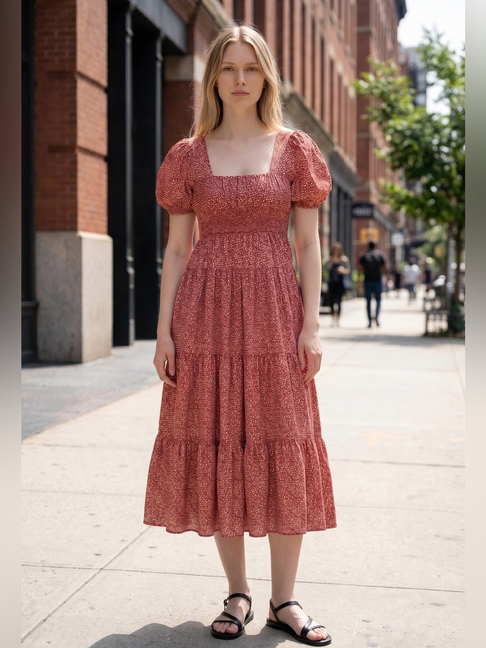 NWT Anthropologie Rust Red Smocked Puff-Sleeve Midi Dress